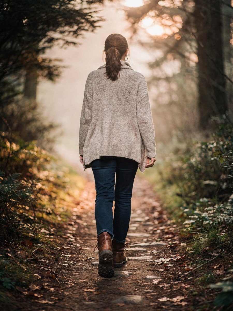 Eine Frau geht einen Waldweg entlang, dem Licht entgegen.